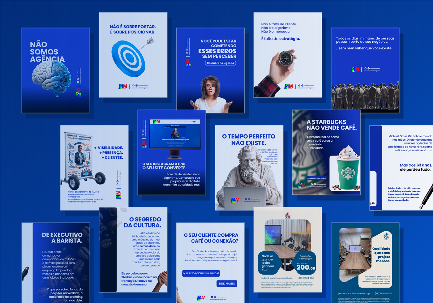 Mosaico com exemplos de posts profissionais criados pela 4M